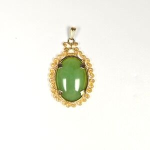 NICE‎ Vintage 12K Gold Filled Jade Cabochon Filigree Pendant for Necklace